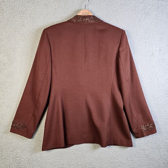 John Meyer Blazer 10 Brown Curved Hem Textured Trim Statement Collar Lined - Picture 6 of 16